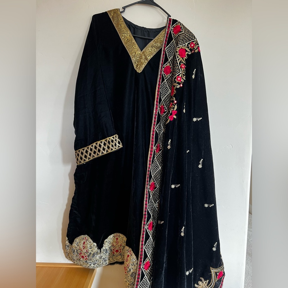 Black Velvet embroidered dress with embroidery velvet shawl Indian Pakistani